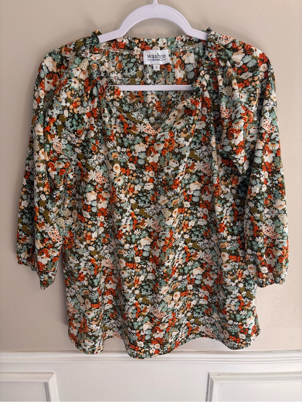 Floral V-Neck Puff Sleeve Blouse - Green/Orange